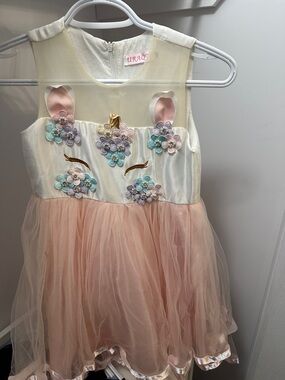 Unicorn Floral Tulle Party Dress for Kids - Pink & Cream